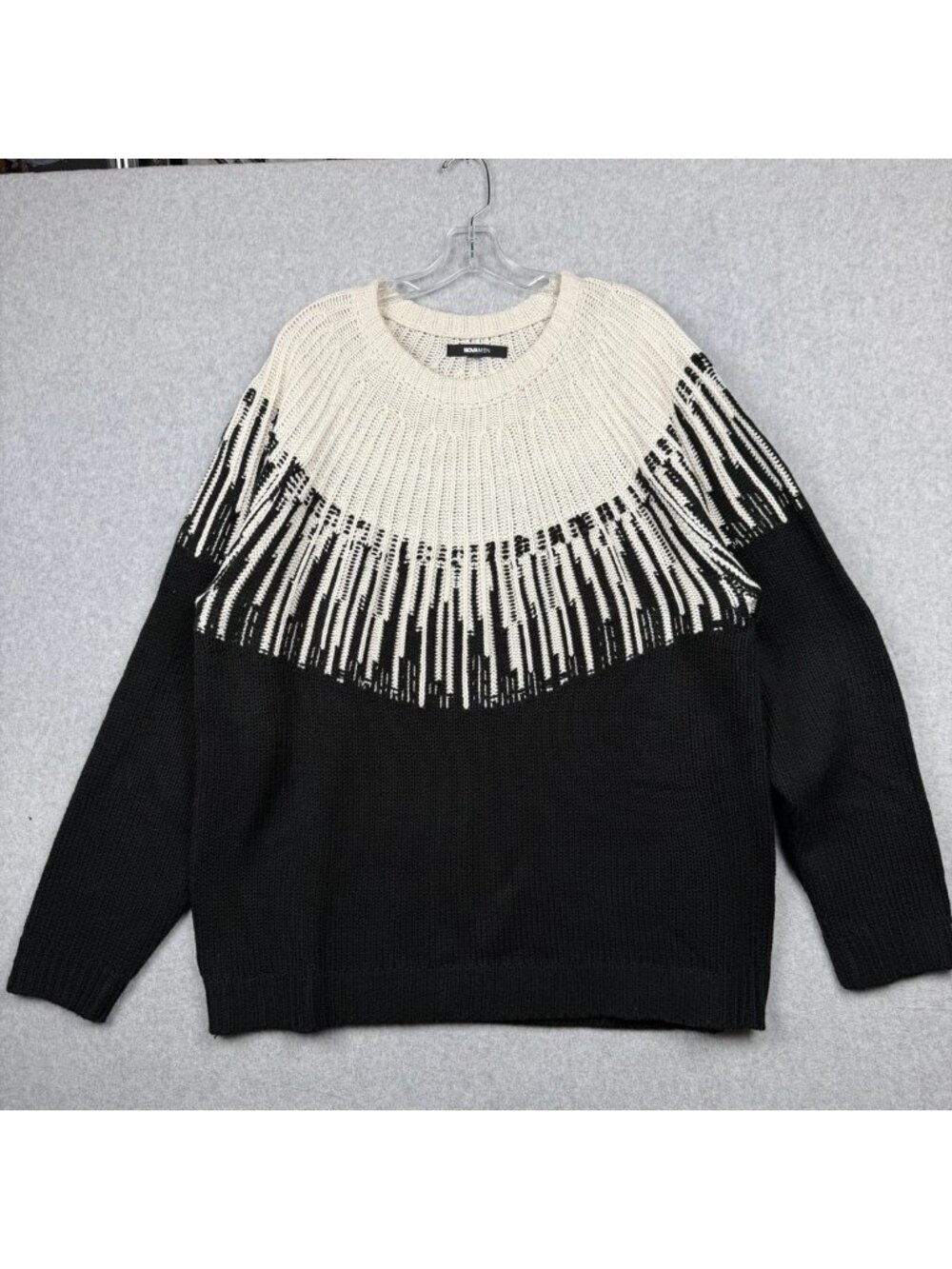 Fashion Nova Men Radiant Crewneck Sweater Black White Intarsia Knit Fringe Large